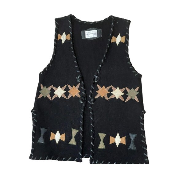 Vtg Black Sweater Vest Real Leather Patches & Blanket-Stitching Southwestern - Picture 1 of 5
